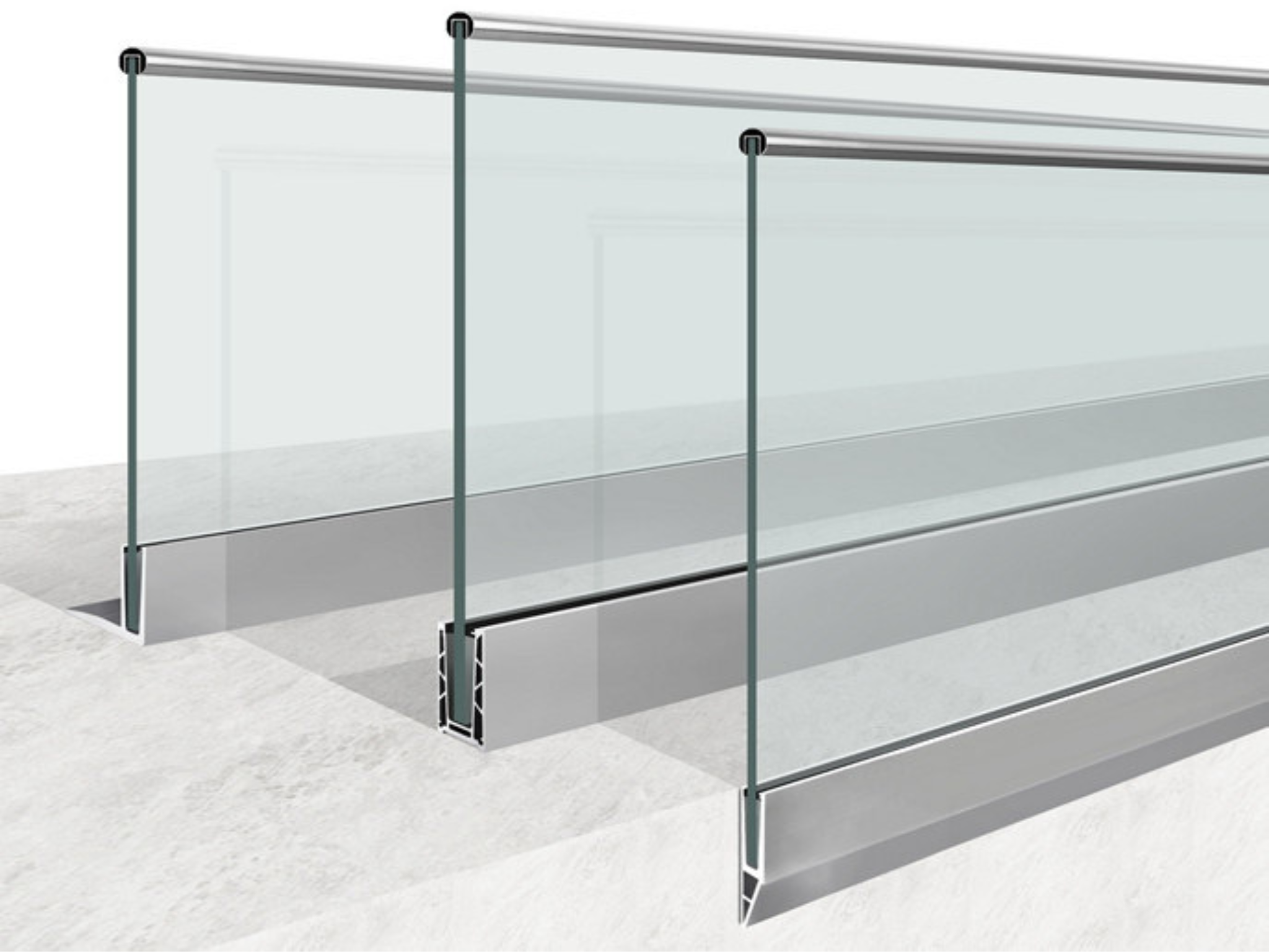 Channel mount frameless glass balustrade with top rail Channel mount frameless glass balustrade with top rail